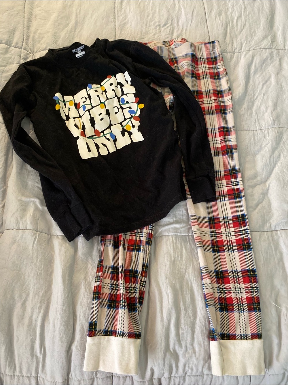 Kids Merry Vibes Only Black Top and Plaid Pajama Set